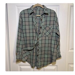 Sage Green Plaid Button Down Shirt Soft Flannel Lightweight Oversized Casual Top